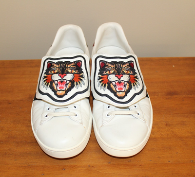 GUCCI Mens Sz 8 G / 8.5 US Ace Low Top Tiger Patch Sneakers White