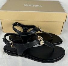 Michael Kors Black Lock Key Suki T-Strap Sandals Shoes Womens Sz 6 Gold Charms