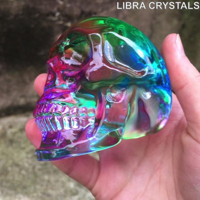 Iridescent Clear Glass Skull Crystal Carving 3in 296g Rainbow Gradient Gothic De