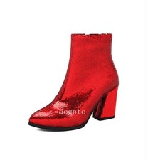 Women's Sequins Pointed Toe High Heels Zip Ankle Boots Casual Party Formal Shoes