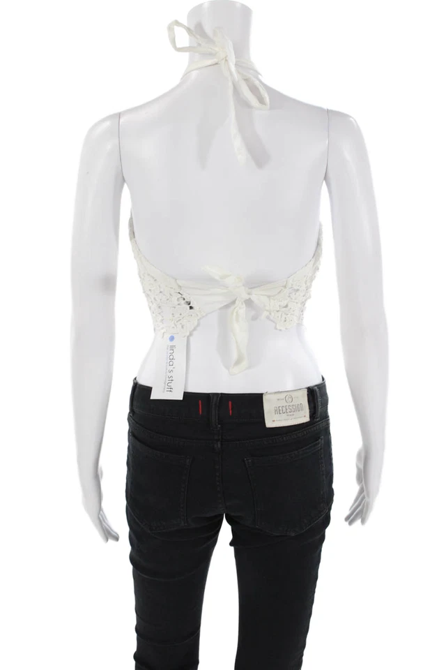 Miguelina Womens Cotton Floral Lace Halter Neck Crop Top Solid White Size XS - Image 3 of 4