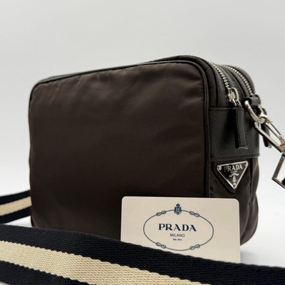 PRADA Nylon Leather Triangle Logo Double Zip Shoulder Bag Unisex Brown Crossbod