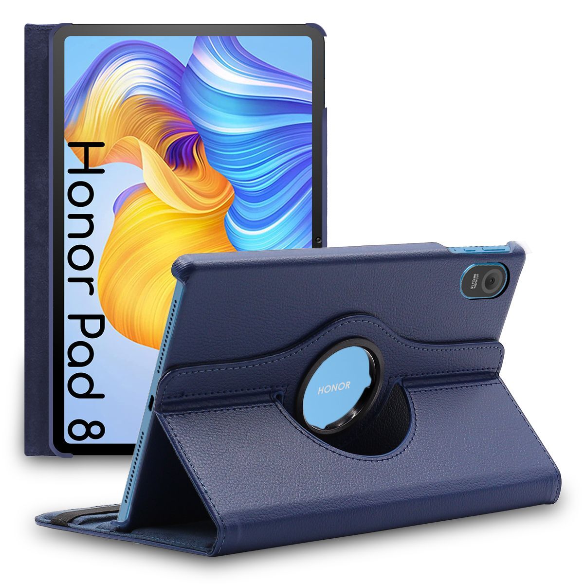 Coque Honor Pad 8 en cuir PU bleu foncé avec support rotatif 360 degrés