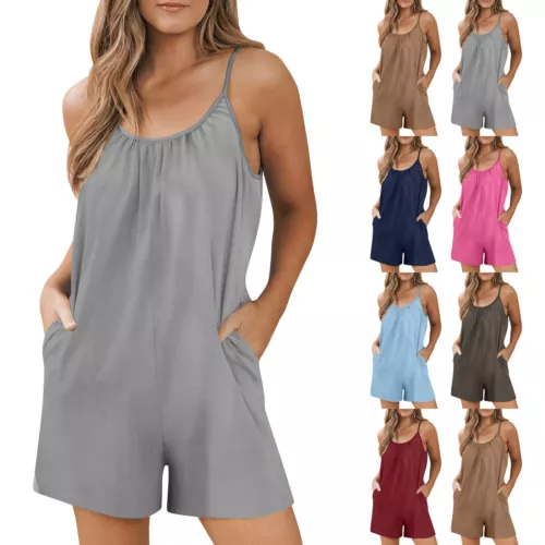 Chic Women Wide Leg Short Rompers Summer Loose Jumpsuits Sleeveless with Pockets