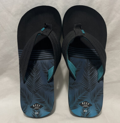 Reef Black Blue Palm Leaf Flip Flop Sandals Unisex Kids 2/3