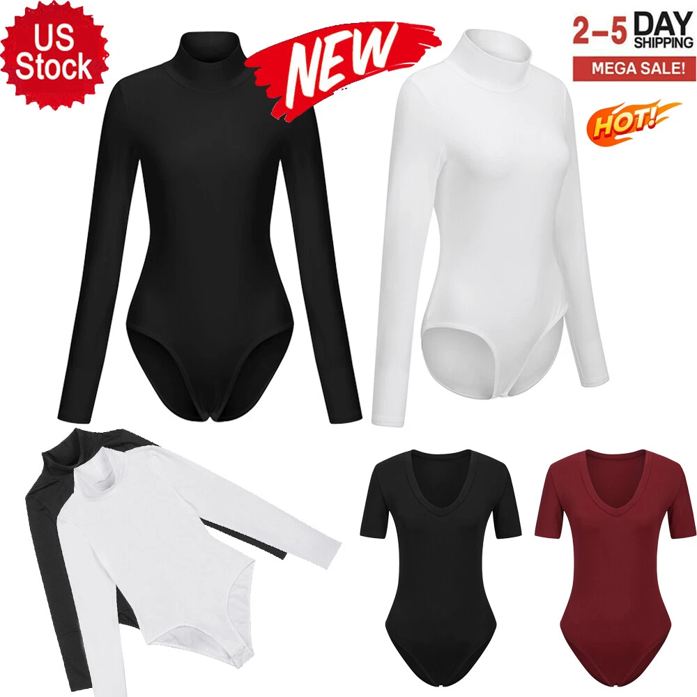 Black, XL) Women Mock Turtleneck Long Sleeve Thong Bodysuit T