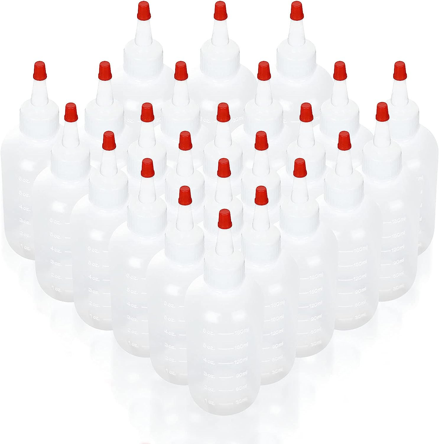 24 Pack 6Oz Plastic Squeeze Bottles with Red Tip Caps and Measurement, Leak Proo
