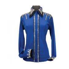 New! Women's Royal Highness Blue HORSE SHOW SHIRT w/ STONES Full front zipper