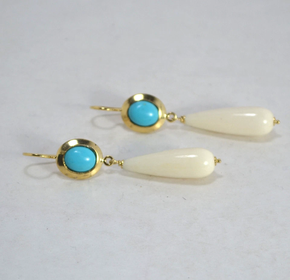 ORECCHINI ARGENTO 925 DORATO TURCHESE NATURALE CABOCHON PENDOLI OSSO AGHT 0903 - Immagine 2 di 3