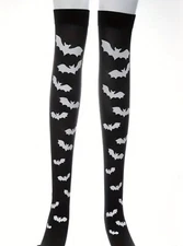 Bat print over the knee socks black w/white goth Emo punk Tights Socks One Size