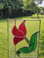 Vintage Handcrafted Stained Glass Red Flower Suncatcher Window Decor