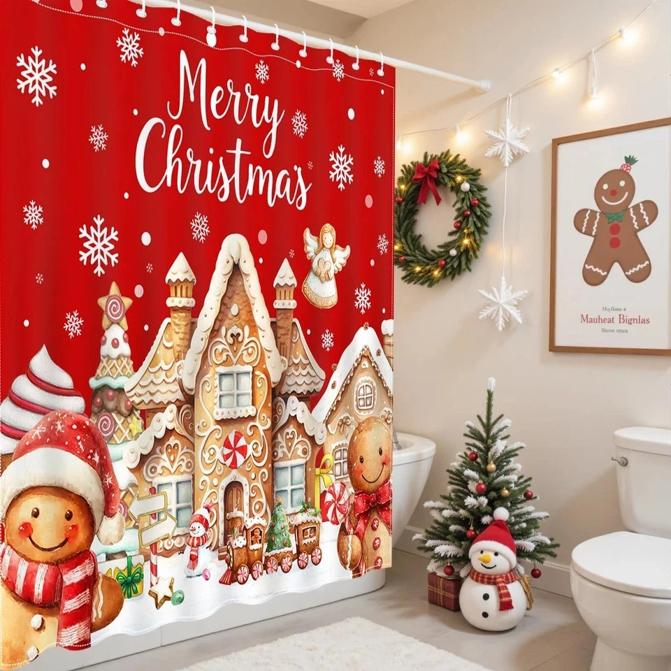 Mocsicka Feliz Navidad Cortina de Ducha Linda Roja Navidad Pan de Jengibre-Hombre Ducha... Foto 2 de 4