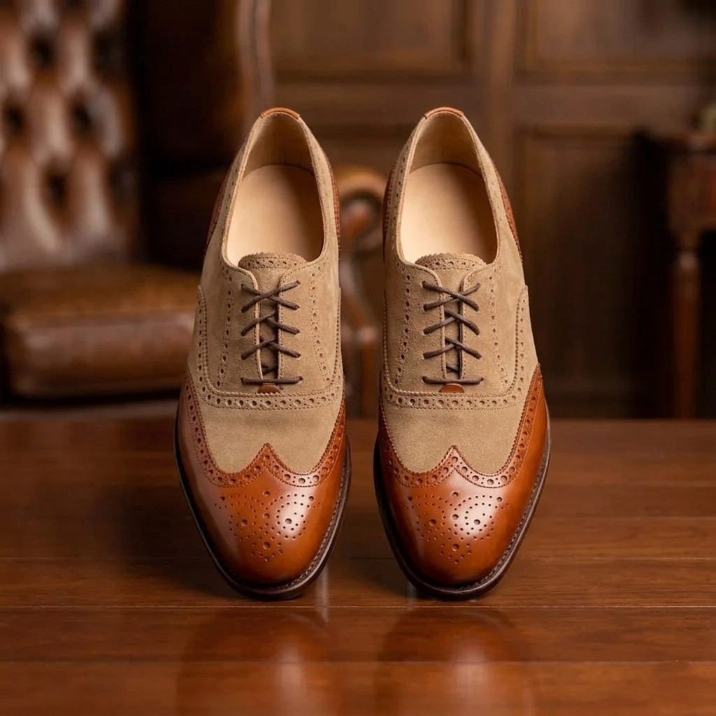 Nuevo Para Hombre Hecho a Mano Dos Tonos Naranja Beige Gamuza Cuero Formal Zapatos Oxford