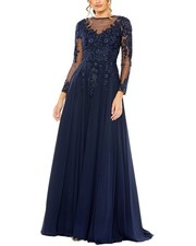 Mac Duggal High Neck Mesh Long Sleeve Embellished A Line Gown Women's