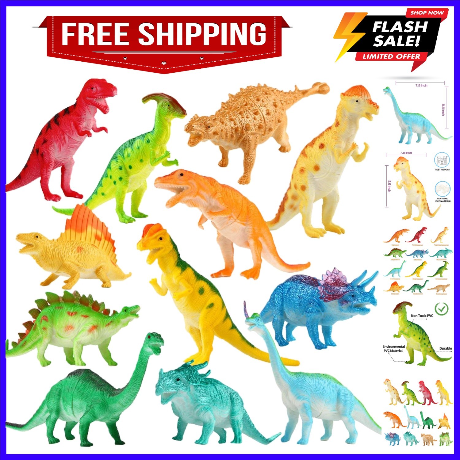 Dinosaur Figure, 7 Inch Jumbo Dinosaur Toy Playset12 Pack, Safe Material Asso...