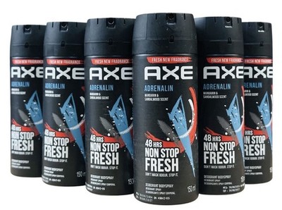 AXE ADRENALIN for Men 5.07 fl oz Deodorant Body Spray ALL DAY FRESH 150ML 6 PACK