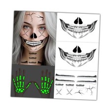 2X Skeleton Face Tattoo, Skeleton Hand Tattoo Glow in The Dark, Skull