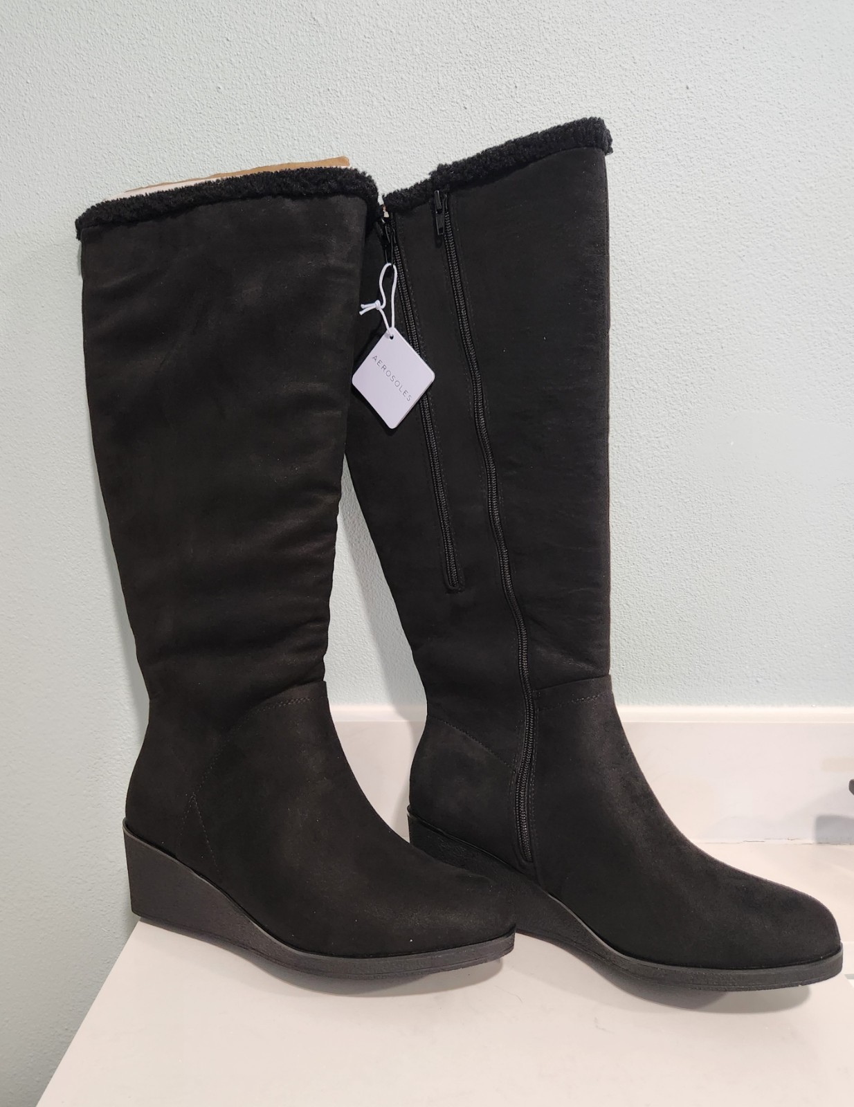 Aerosoles Women's Black Faux Suede Knee High Wedge Boot Size 11W