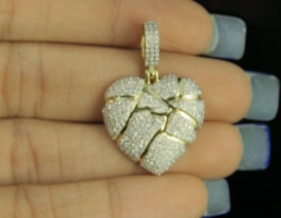 2 Ct Round Cut Real Moissanite Broken Heart Pendant 14K Yellow Gold Plated 1.25''