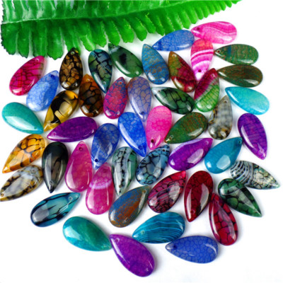 100Pcs Multicolor Dragon Veins Agate Teardrop Pendant Bead 30*15*6mm HH6481