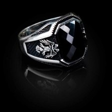 Natural Black Onyx Faceted Gemstone 925 Sterling Silver Men's Ring