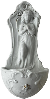 Antique DEP Germany Holy Water Font Angel Bisque Porcelain 11575 White Hanging