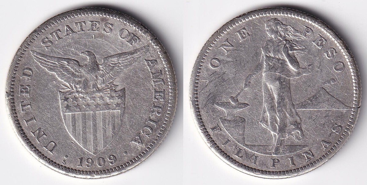 3825【アメリカ領フィリピン】1909年1ペソ銀貨　コイン　古銭　銀貨 楽天市場】フィリピン銀貨 1ペソ 1909年 AU アンティークコイン