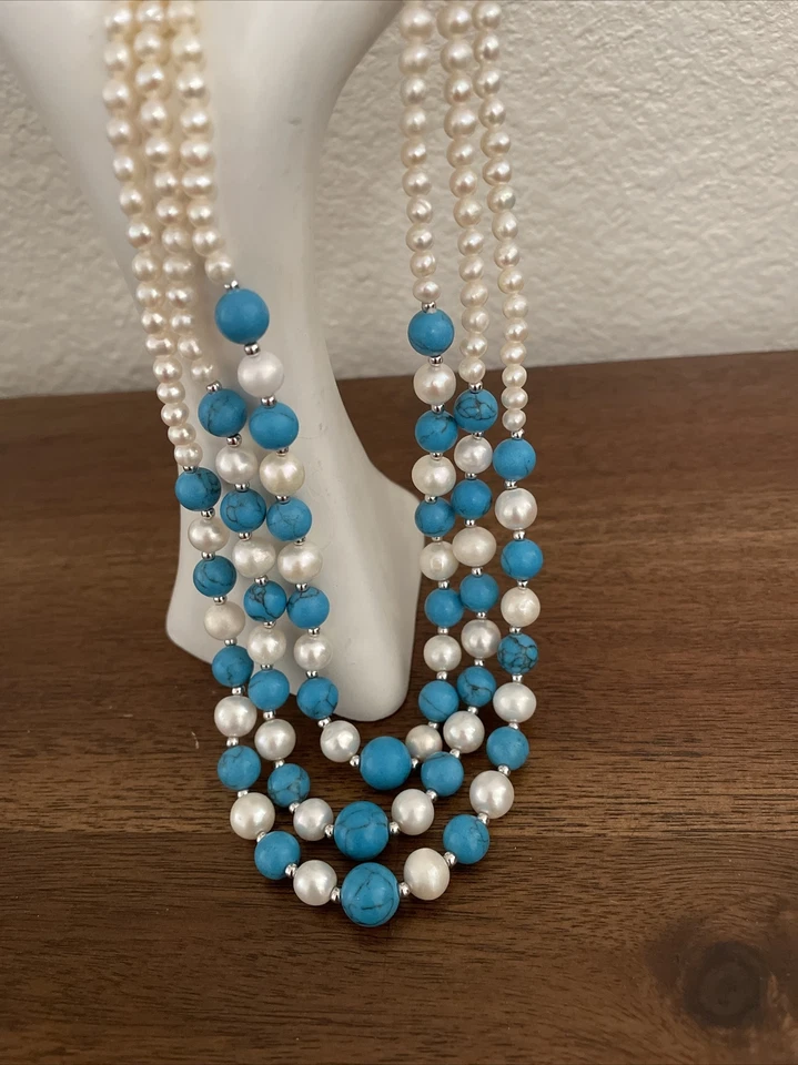 Triple Strand Pearl & Turquoise Cascade Necklace Sterling EUC - Image 2 of 4
