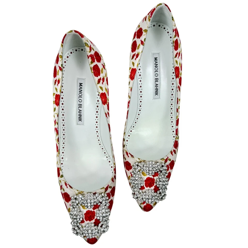Nuevo Manolo Blahnik Floral Hangisi Mezcla de Seda Cristal Tacones Blanco Mujer Talla 38 Foto 4 de 4