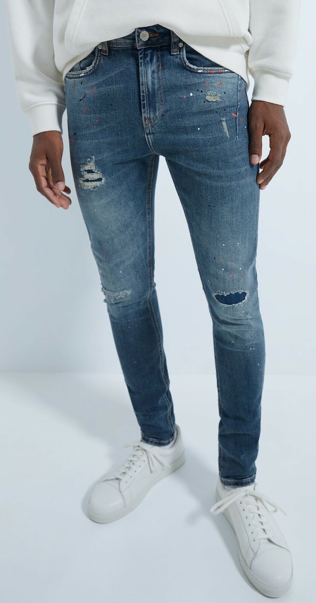 ZARA Men's 'Ripped Paint Splatter Skinny' Denim Jeans