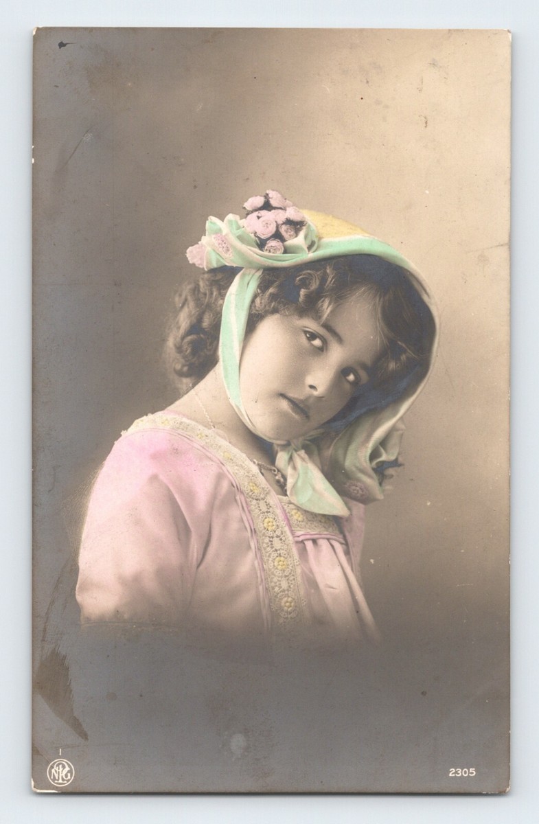 Victorian Girl in Beautiful Bonnet Lace Dress Hand Painted RPPC Early 1900s