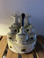 Vintage Cruet Condiment Caddy Oil, Vinegar, Mustard, Salt/Pepper on Stand r2s1