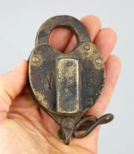Antique Padlock Brass Heart Shaped Lock Engraved WB Initials Chest Trunk no key