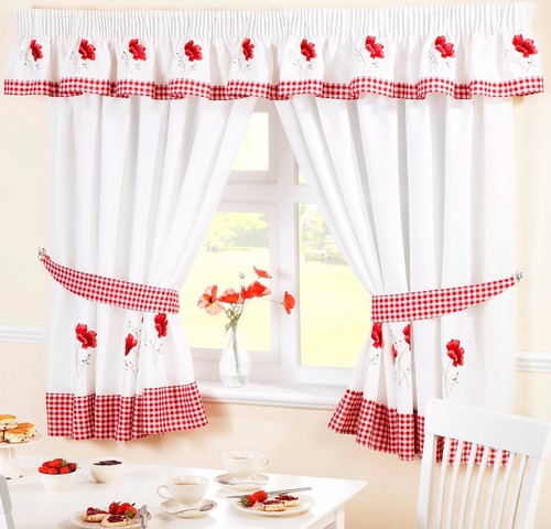 RED POPPY FLOWER VOILE CAFE NET CURTAIN PANEL KITCHEN CURTAINS - Picture 1 of 3