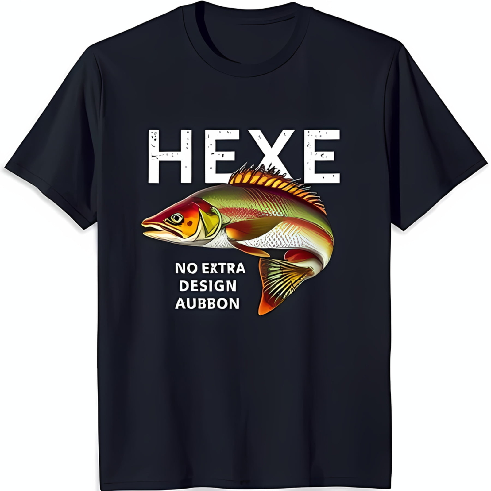 Black T-Shirt with Bold 'HEXE' Graphic and Colorful Fish Design Unique Style