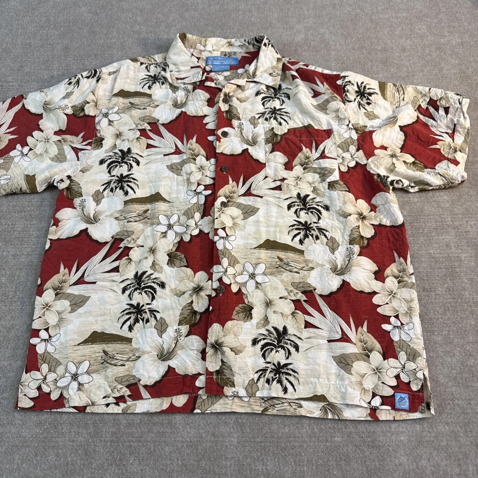 Bermuda Bay Hawaiian Shirt Men XL Silk Plumeria Red Short Sleeve Button Up