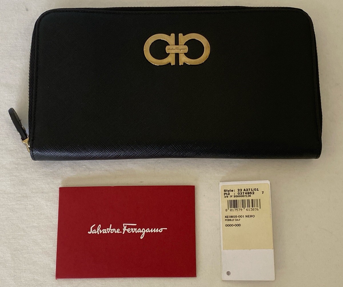 SALE♪関税込【FERRAGAMO】GANCINO ZIP WALLET Salvatore Ferragamo LONG ZIP NERO GANCINI PEBBLE GRAIN
