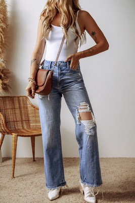 High-Waist Blue Distressed Straight Leg Jeans   Raw Hem Denim