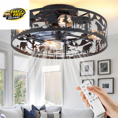 Farmhouse Rustic Ceiling Fan with Light - Bear Deer Design, 6 Speeds Black Caged