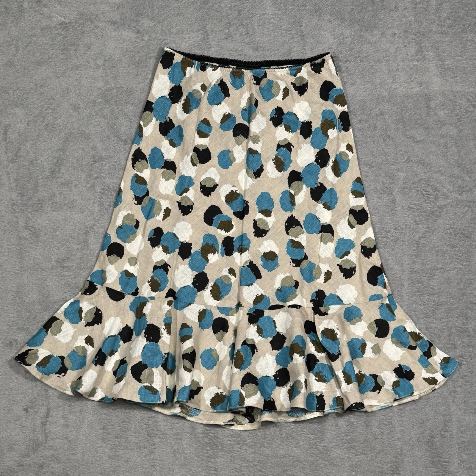 Hobbs London 100% Linen Skirt Womens 8 Abstract Print Ruffle Hem Midi Boho NEW