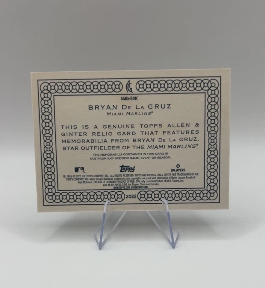 Bryan De La Cruz 2022 Allen Ginter Rookie Relic GAME USED MEM - Image 2 of 2