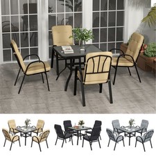 Garden Dining Set w/ Glass Table, Umbrella Hole and Cushion