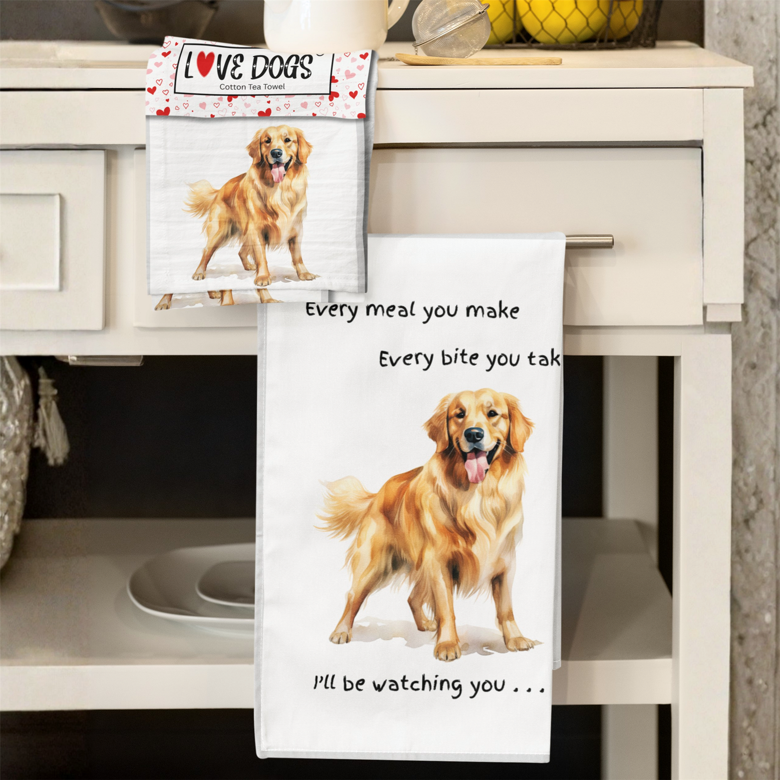 Retriever Dog gift Tea Towel Watching You wording fun stocking filler