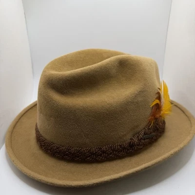 VTG Sovereign Stetson Western Hat Tan Fedora Feather Braided Rope Band 7 1/8 - Image 1 of 4