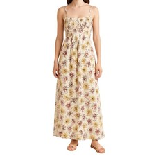 Vintage beige yellow pink brown floral ruched bodice long summer maxi dress