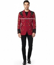 Men 2Pc Red Bespoke Guitar Embroidered Nudie Western cowboy Cocktail Prom Outfit