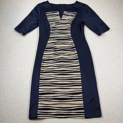 Connected Apparel Sheath Dress Womens Size 6 Navy Beige Striped V-Neck