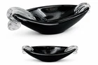 Vintage Murano Style Black Art Glass Dish Bowl w/ Clear Scroll Handles MCM