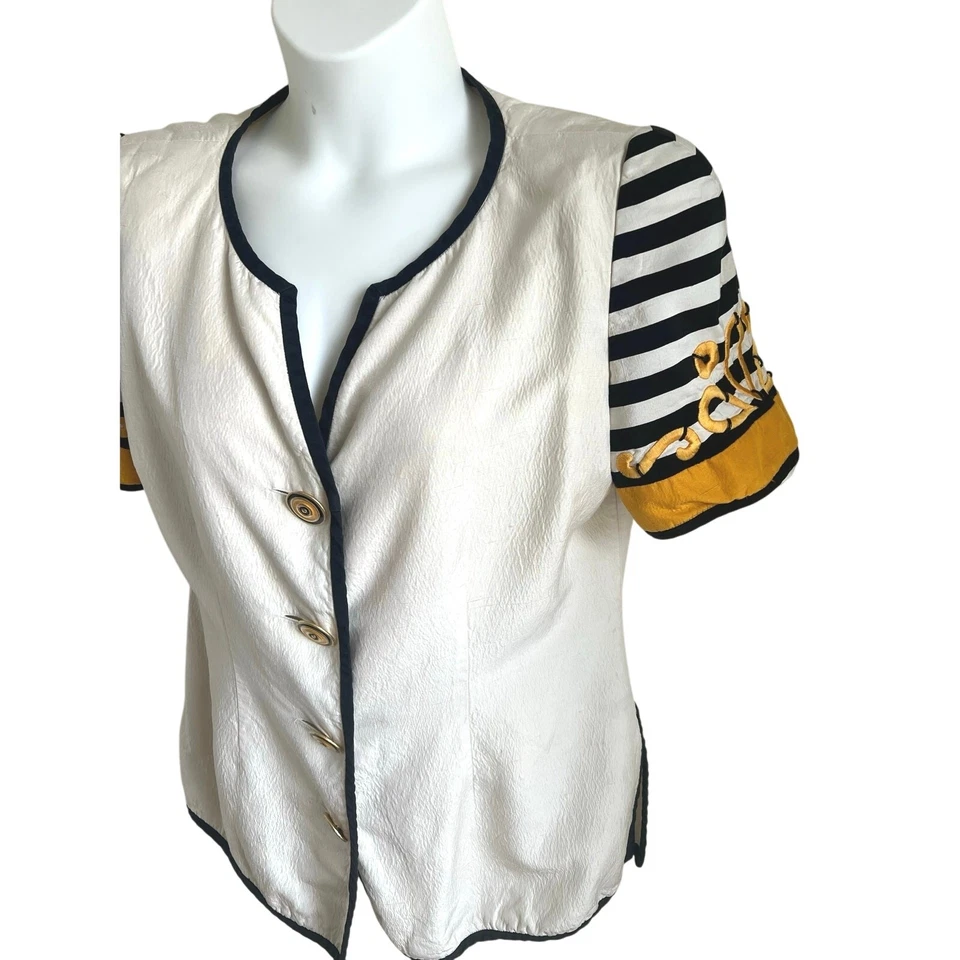 Vintage Saks Fifth Avenue Silk Top Sz 16 Nautical Stripe Puff Sleeve Gold Trim - Image 2 of 4