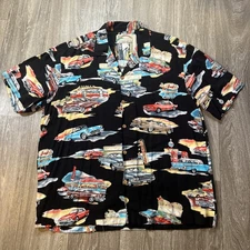Vintage Paradise Found Shirt Mens Large Black Classic Cars Hawaiian Button Up